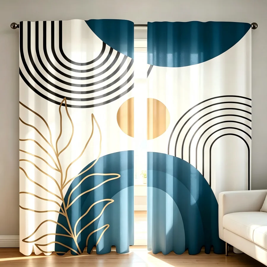 2PCS Digital Print  Curtain, Blue Arch Geometric, Bohemian Style  Curtain Panel for Home Living Room Bedroom Decor