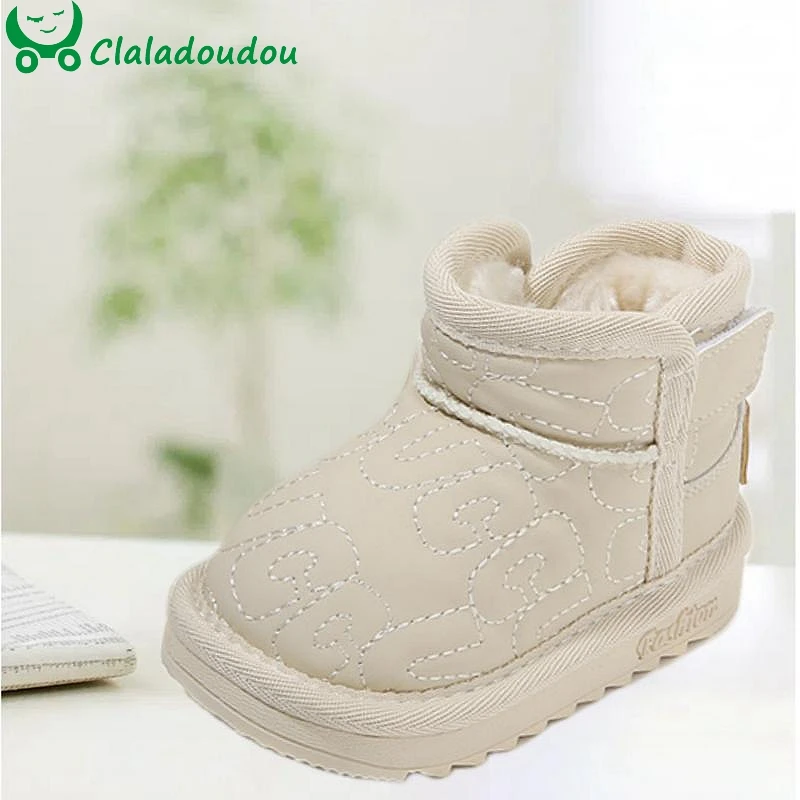 2024 Girl's Snow Boots Toddler Ankle Boots With Plush Kids Boys  Warm Winter Boots Solid Beige Silver Sewing Waterproof Walkers