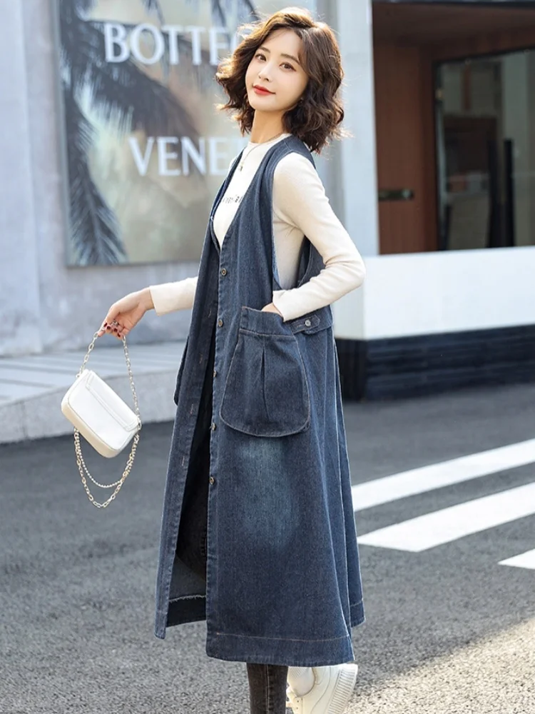 

Синий жилет Dr, длинная свободная джинсовая верхняя одежда Svel, женская модная весенняя новинка, большой размер, комплект деталей для поездок на работу