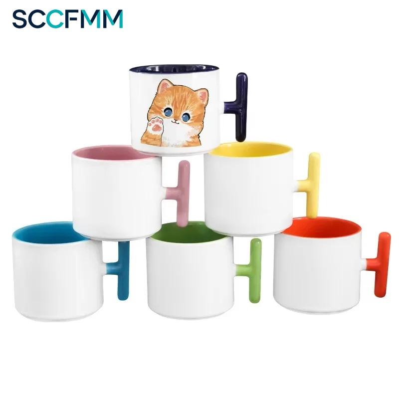 SCCFMM 3Pcs Modern T-handle Sublimation Ceramic Mug, Inner Colored Blank Cup, DIY Custom Printing Coffee Tea Creative Gift