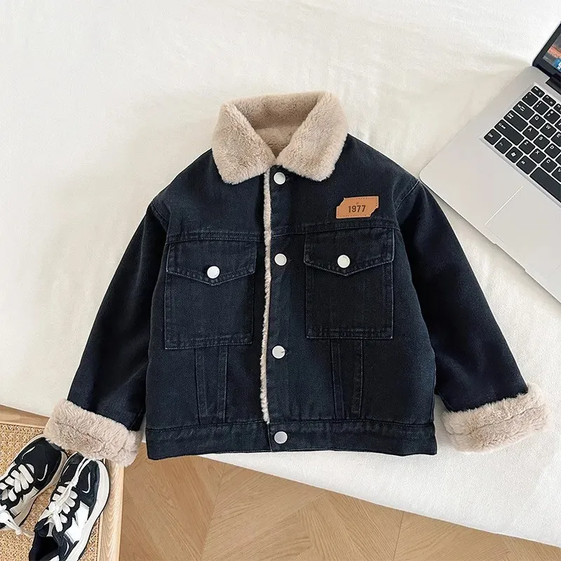 Autumn Winter Thicken Warm Baby Boy Denim Jacket Cute Plush Rabbit Ears Hooded Coats For Boy Children Outerwear Clothing 2-8Y