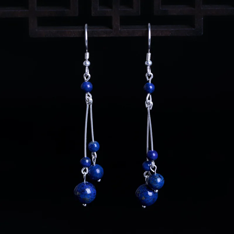 

Retro Minimalist Lapis Lazuli Earrings, Handcrafted S925 Silver Jewelry, Creative Classical Long Blue Ear Hooks, Exquisite