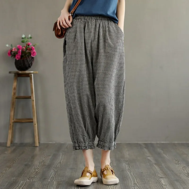 

2025 Spring New Fashion Women's Plaided Ankle Length Harem Pants Elastic Waist Simple Loose Casual Cotton Linen Female Trousers