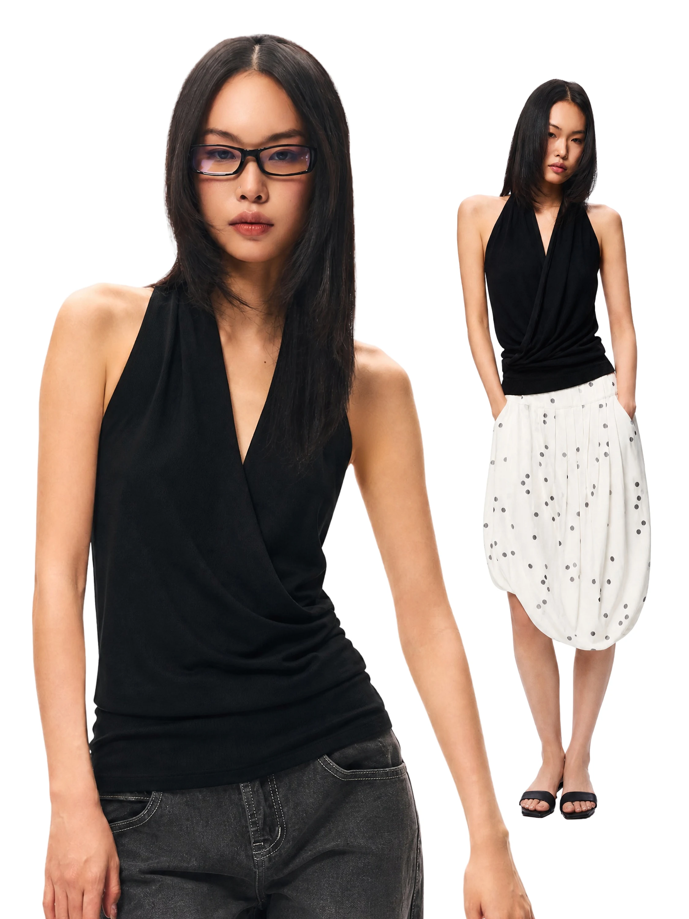 Gogo Burn American Style Black V-Neck Knitted Vest Women's Autumn New Design Sense Pleated Top Fashionable Slim Fit Short Length