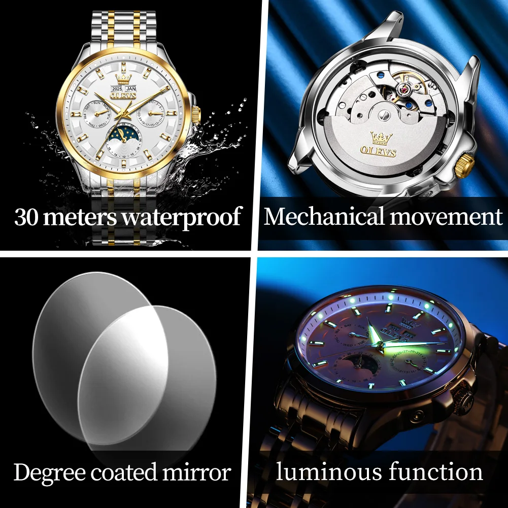 OLEVS 7070 Man Automatic Watch Calendar Mechanical Watch For Men Stainless Steel 30M Waterproof Moon Phase Luxury Wristwatch