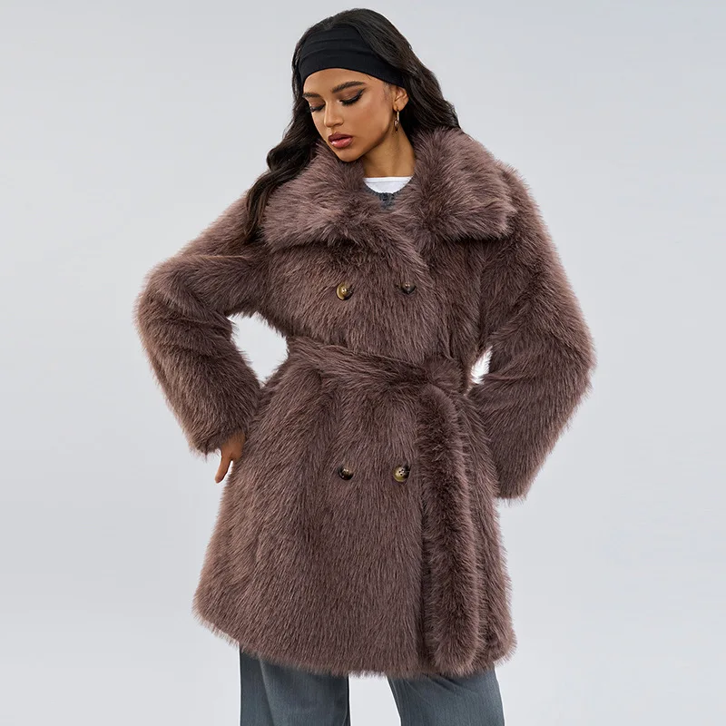 

Elegant Brown Long Wool Imitation Fur Coat Winter New Fashionable Women's Outerwear