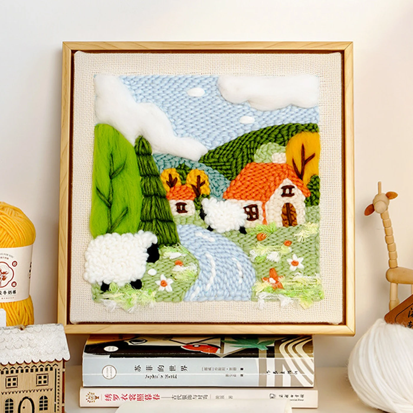 Scenery Punch Needle Embroidery Kits With Frame for Beginner Wool Needle Felting Crafts Kit with Yarns DIY Relaxing Craft Gift