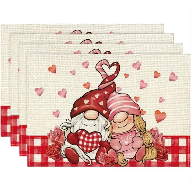 Valentine's Day Gnome Linen Placemats, Heart Rose Buffalo Plaid Printed Table Mats, Romantic Dining Table Decor