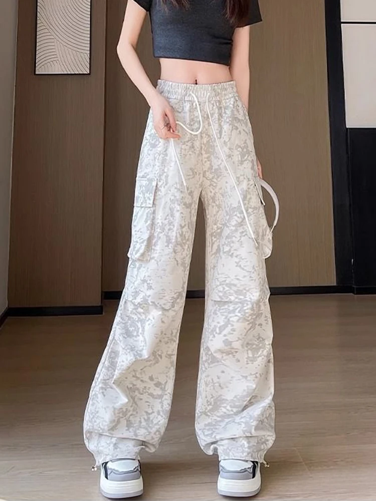 

Zoki Tie Dye Streetwear Cargo Pant Women Vintage Loose High Waist Y2K Trousers Harajuku American Casual Summer Bf Wide Leg Pants