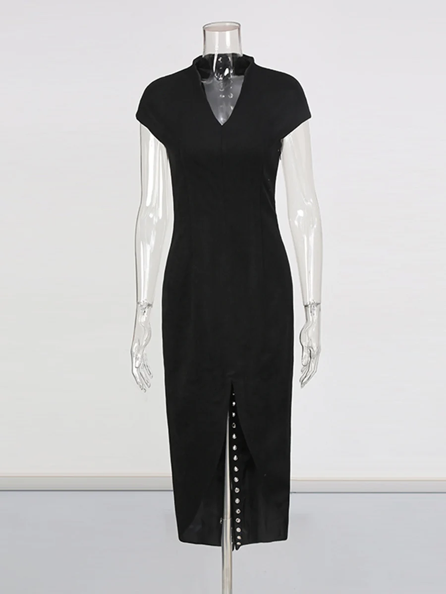 CHICEVER Black Spliced Lace Up Chic Dress Female V Neck Short Sleeve Slimming Gentle Intellectual Women's Dresses Autumn Style