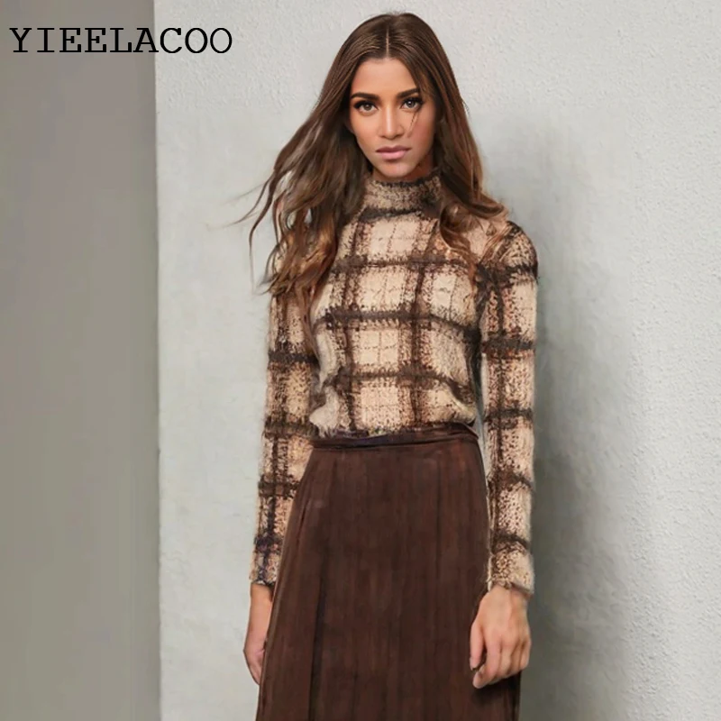 Knitted shirt women Retro 2025 autumn/winter casua lazy Checkered Jacquard Half High Neck Shirt long sleeved basic Simple