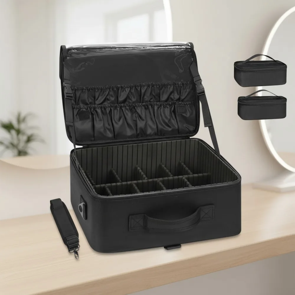 Bolsa de maquillaje grande con 3 bolsas extraíbles, divisores ajustables y soporte para brochas, estuche organizador de cosméticos de viaje profesional