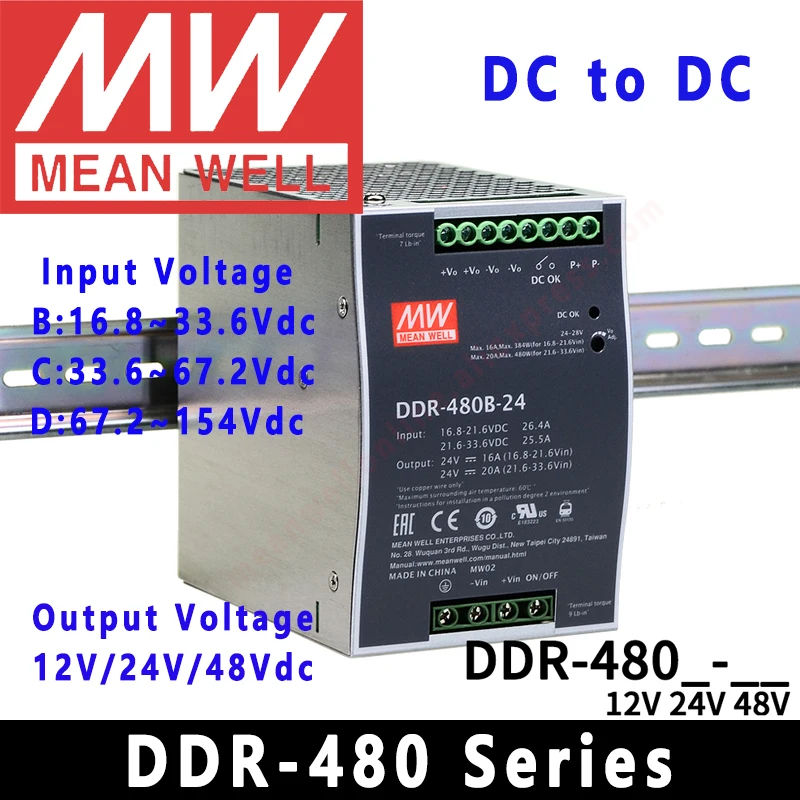 Original Mean Well DDR-480C-24 Din Rail Type Meanwell 24Vdc/20A/480W Output DC-DC Converter 33.6~67.2Vdc Input