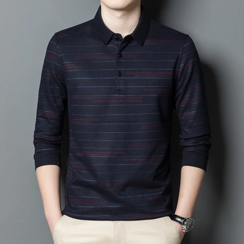 

2022 Autumn Winter Long Sleeve Mens Polo Shirts Luxury Turn Down Collar Business Casual Striped Man Tops Men Clothing 3XL