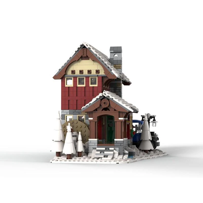 Small grain MOC building street view Winter scene Winter village Apple distillery assembled toy model Children's Christmas gift