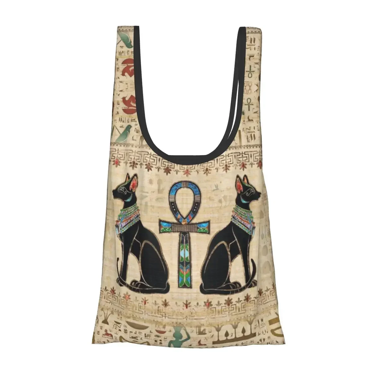 Egyptian Cats And Ankh Cross Portable Tote Shopping Bags Foldable Shopper Bag Groceries Handbag Shoulder Bag
