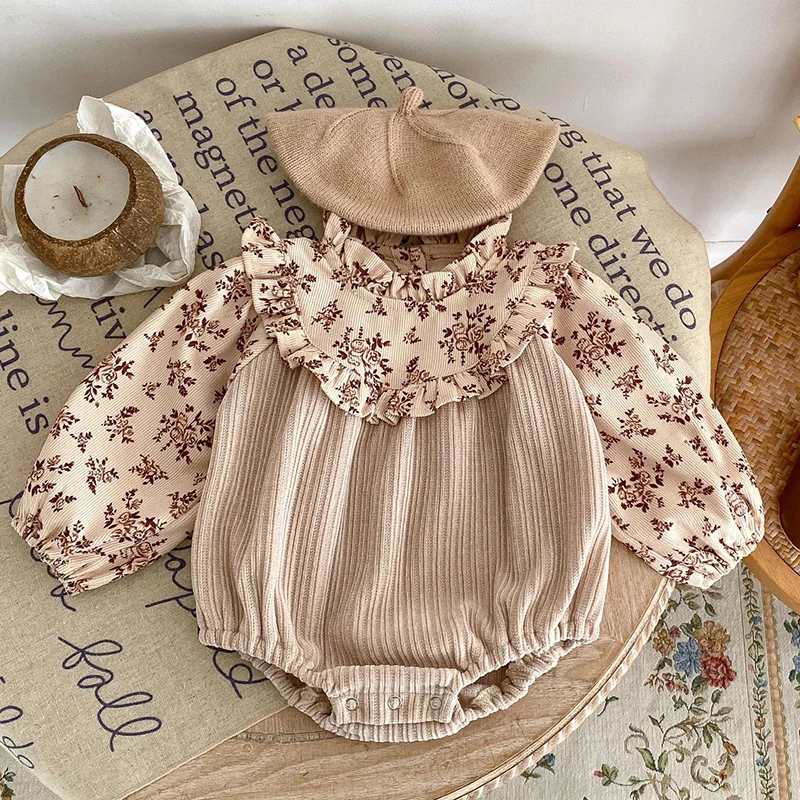 Autumn Spring 0-24M Children Clothes Newborn Baby Girls Bodysuits Long Sleeved Corduroy Printed Stitching Infant Baby Jumpsuit