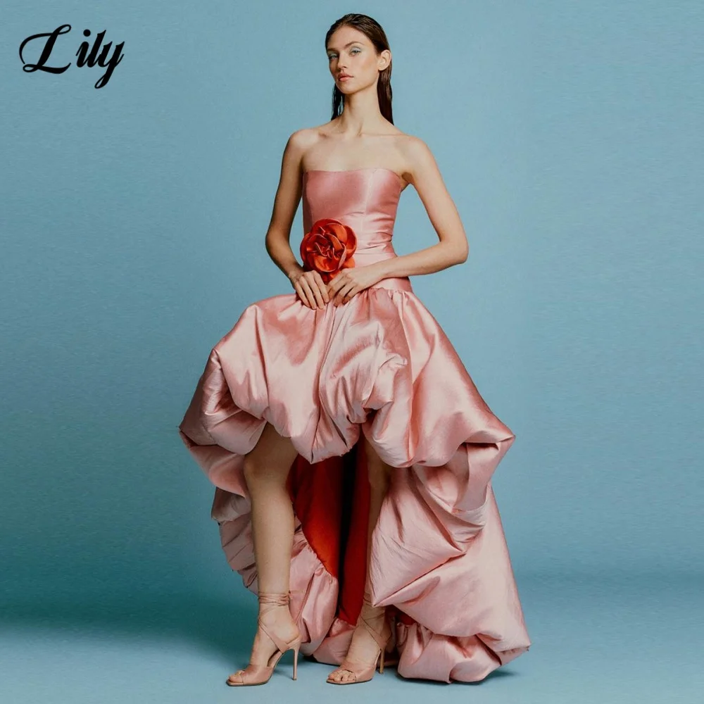 

Lily Pink Elegant 3D-Flowers Formal Gown Strapless Backless Prom Dress Satin Pleating Party Chic Woman Evening Dress Customized