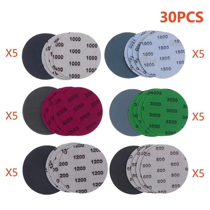 30Pcs 3Inch Sanding Papers 75MM 800-3000 Grit Wet Dry Sanding Discs Hook Loop Sandpaper Abrasive Tools Fit For Metal Wood