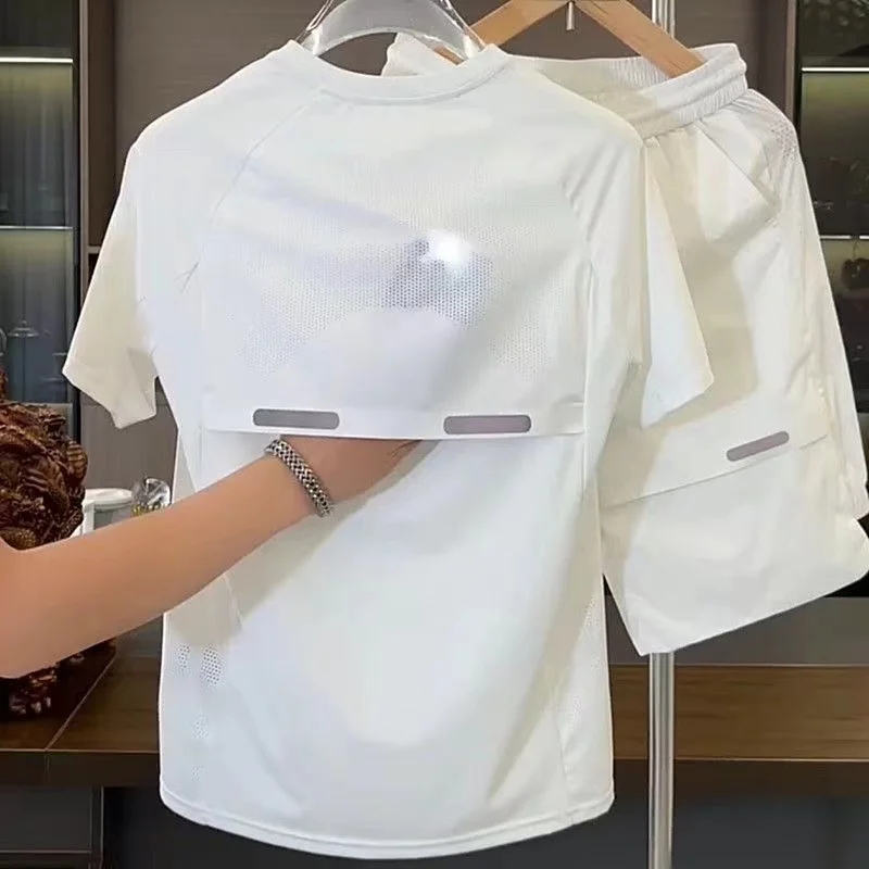 

2025 Summer New Men's Breathable Perforated Ice Silk Short Sleeve Shorts Set Loose Quick Drying Sports and Leisure Two Piece Set