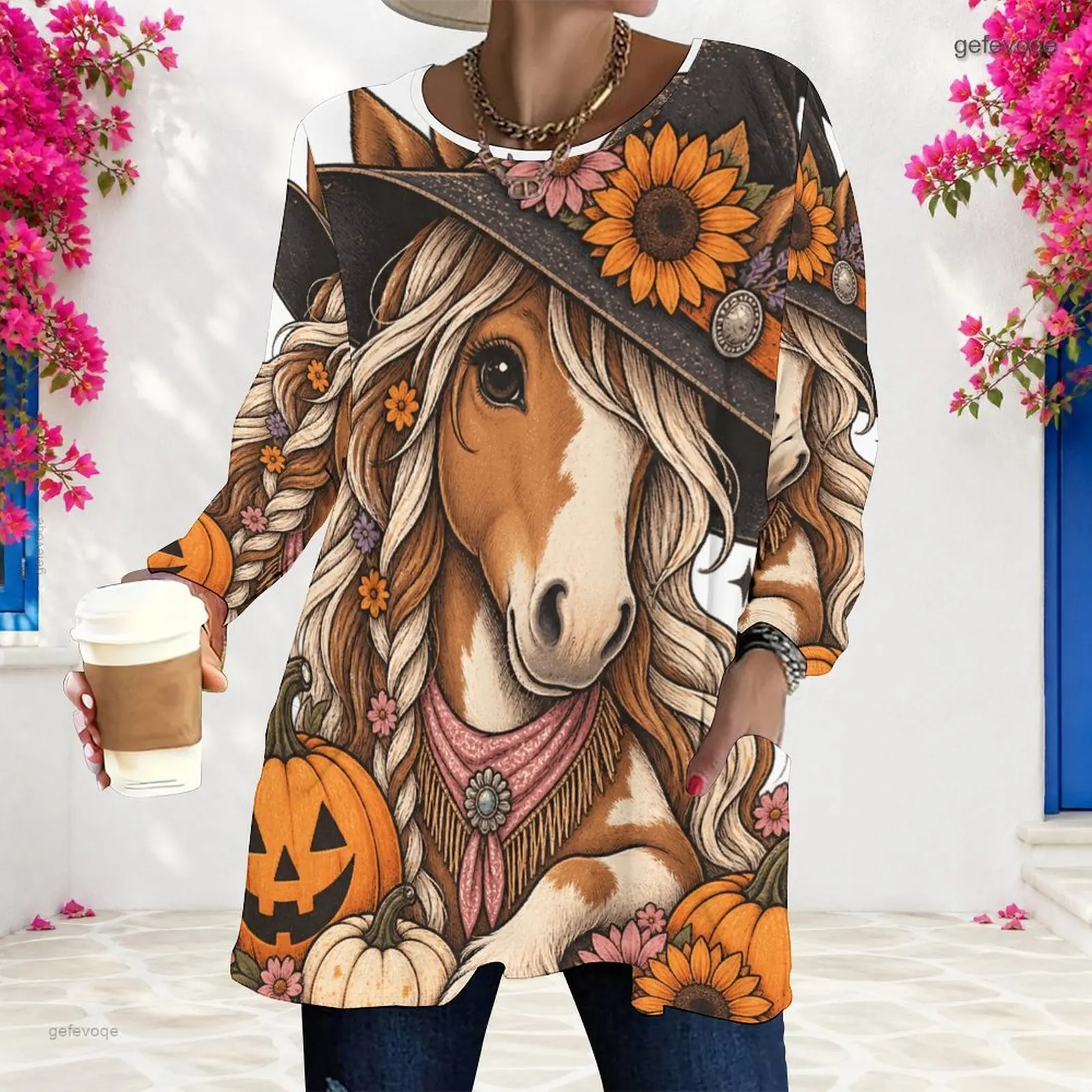 Women Printed Round Neck Long Sleeve Loose Top, Halloween Mushroom House Ghost Pumpkin Pattern with Pockets