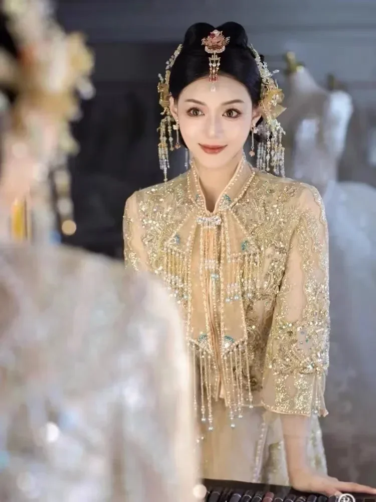 

Autumn Thin Champagne-colored Pearl Sequin Xiuhe Dress Bride Chinese Toast Hanfu Wedding Dress Dragon Phoenix Groom Tang Suit