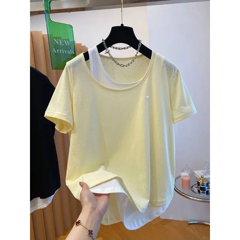 Womens Fake Two-Piece Short Sleeve T-Shirt Casual Loose Top