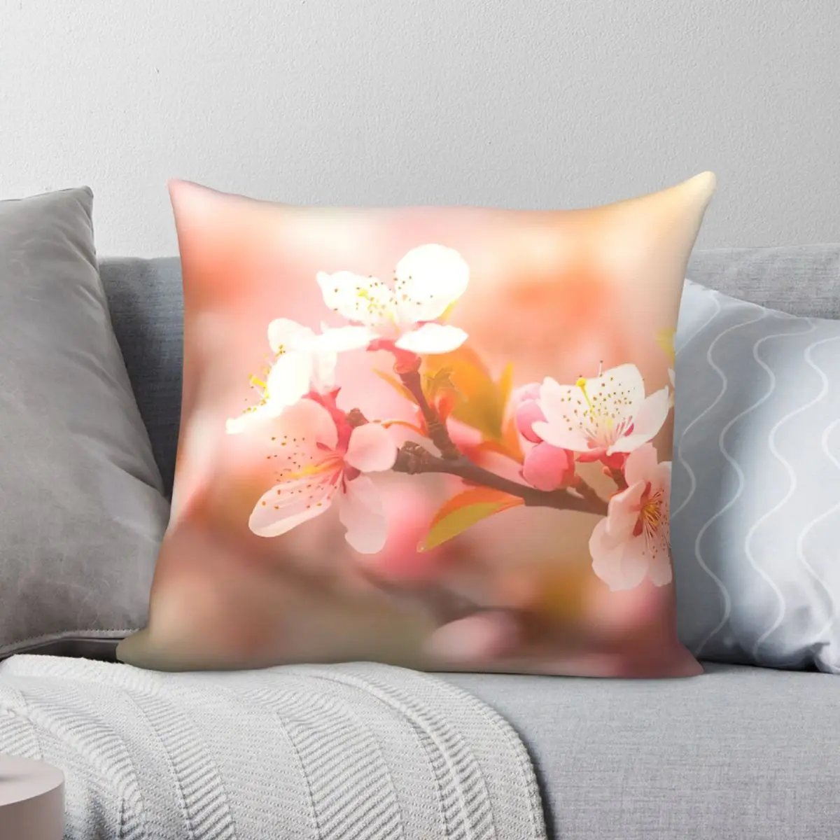 Peach Blossoms Flowers Square Pillowcase Polyester Linen Velvet Printed Zip Decor Throw Pillow Case Home Wholesale