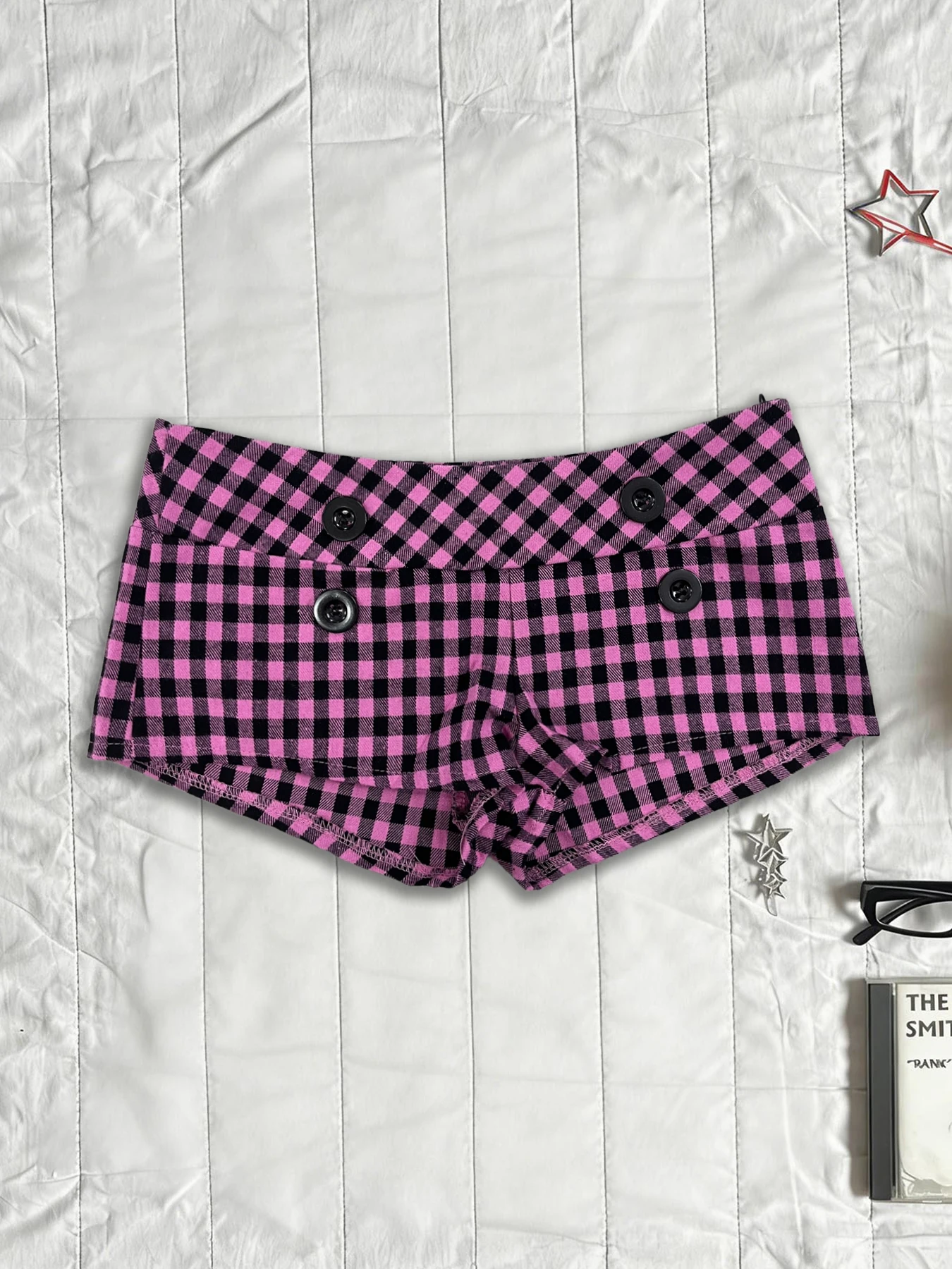 Y2K Pink Black Plaid Micro Shorts Low Waist Double Side Big Button Bodycon Hot Girl Mini Pants