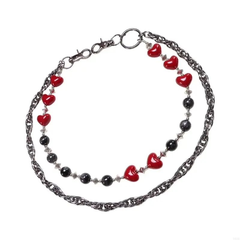 カジュアルとフォーマルのためのレイヤードデザインのゴシックレッドハートビーズパンツチェーンY08E