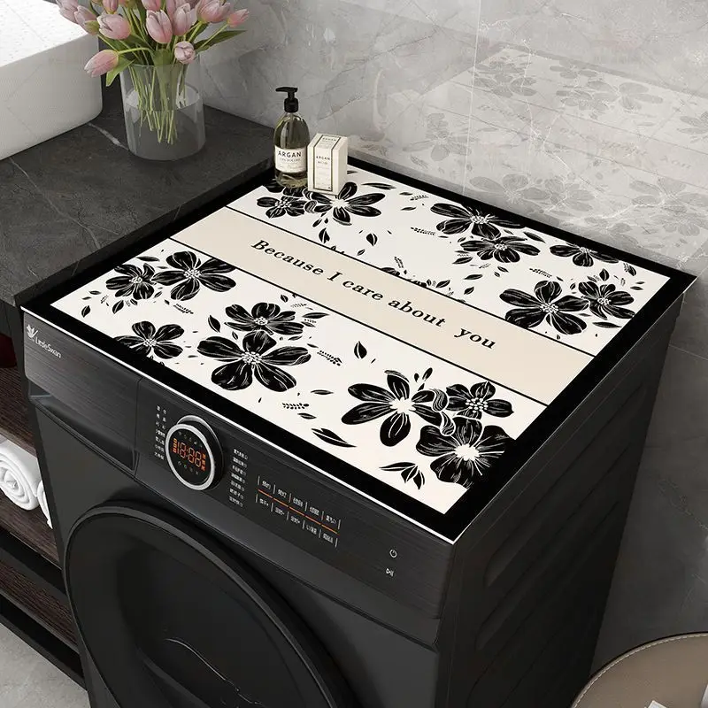 VIKAMA Black White Flower ROMANTIC CAPITAL Washing Machine Top Mat Floral Border Text Beige Edge Absorbent Dustproof Laundry