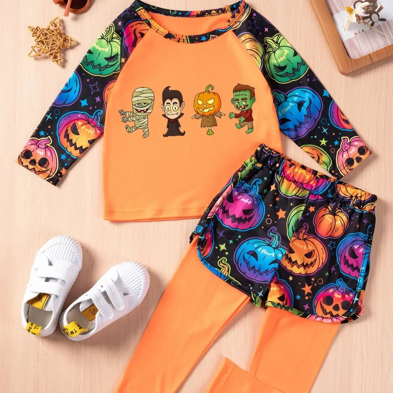 Brand New Cute Children's Halloween Exclusive Set Cool Cartoon Halloween Print Children's 2-piece Halloween Exclusive Set