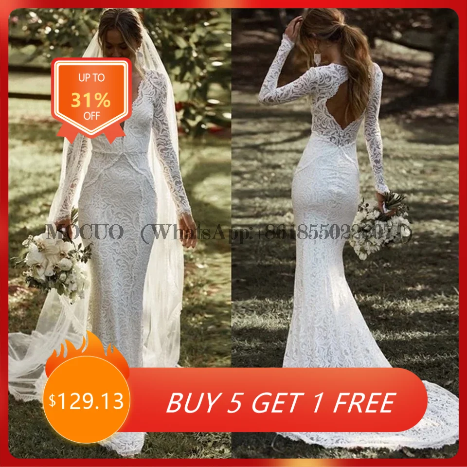 

Elegant Boho Wedding Dresses for Women 2022 Backless Long Sleeve Lace Bridal Gowns Mermaid Bride Dress Vestido De Noiva