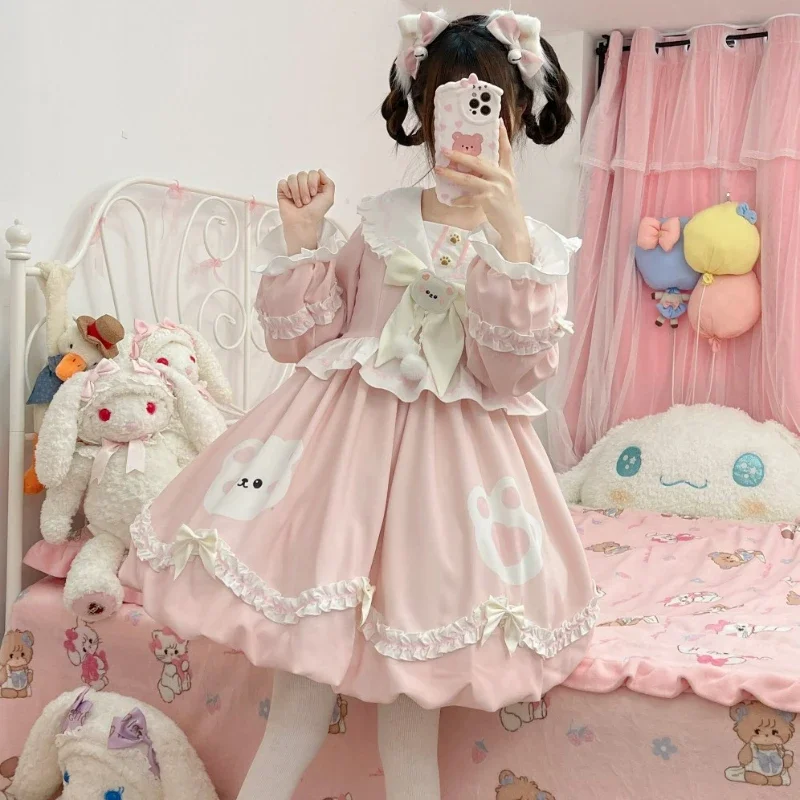 

Kawaii Lolita Style Op Dress Women Harajuku Y2k Cartoon Print Bow Party Dresses Japanese Fashion Sailor Collar Long Sleeve Dress