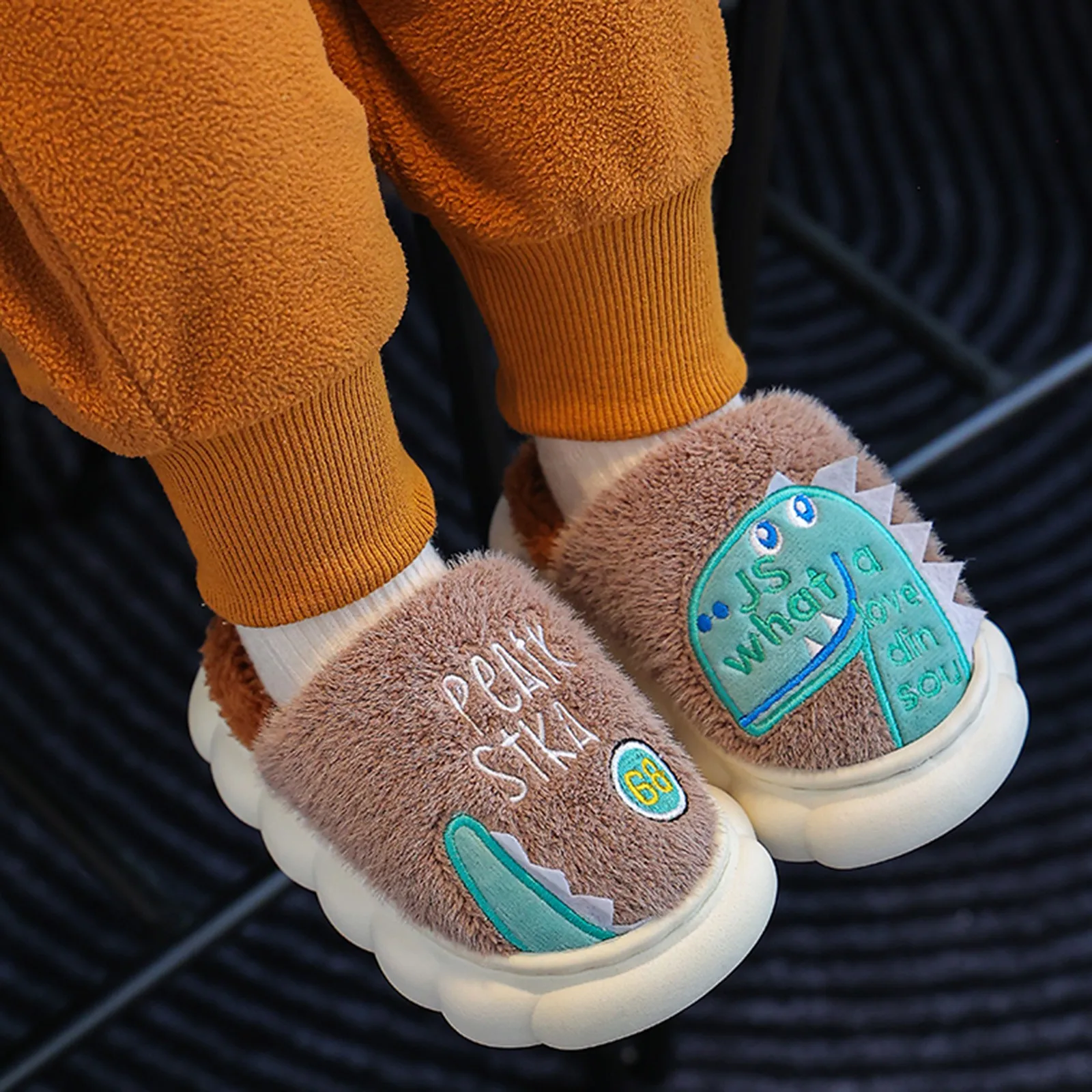 Winter Cute Cartoon Dinosaur Children Plush Slippers Soft Sole Warm Baby Boys Girls Indoor Home Non-slip Kids Thick Cotton Shoes