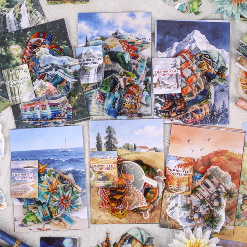 Mr.Paper 46Pcs/Pack Wild Mountain Companion Series Travel Scrapbook Kit Vintage Landscape & Landmark PET Stickers for Journal