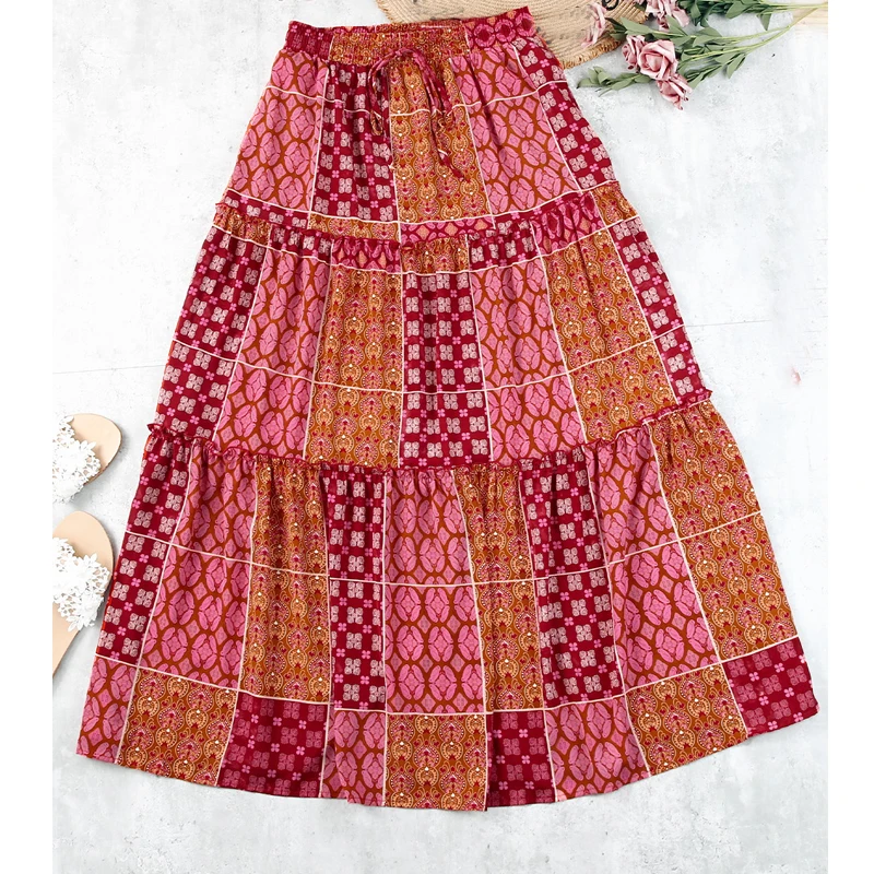 Sommer Frauen Lose Böhmischen Rock Neue Mode Elegante A-line Schaukel Strand Röcke Damen Casual Elastische Hohe Taille Gedruckt Rock