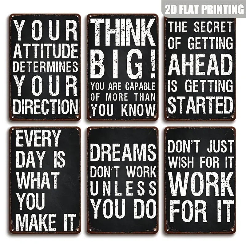 2D Flat, 6pcs, Inspirational Wall Art Decor for Office, Gym, Home Living Room, Bedroom, Motivational & Positive Quotes & Sayings