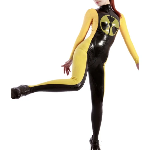 

100% latex Rubber Gummi Black and yellow spliced sexy tights, racing suit, comfort, fashion role-playing, party, xs-xxl 0.4 mm