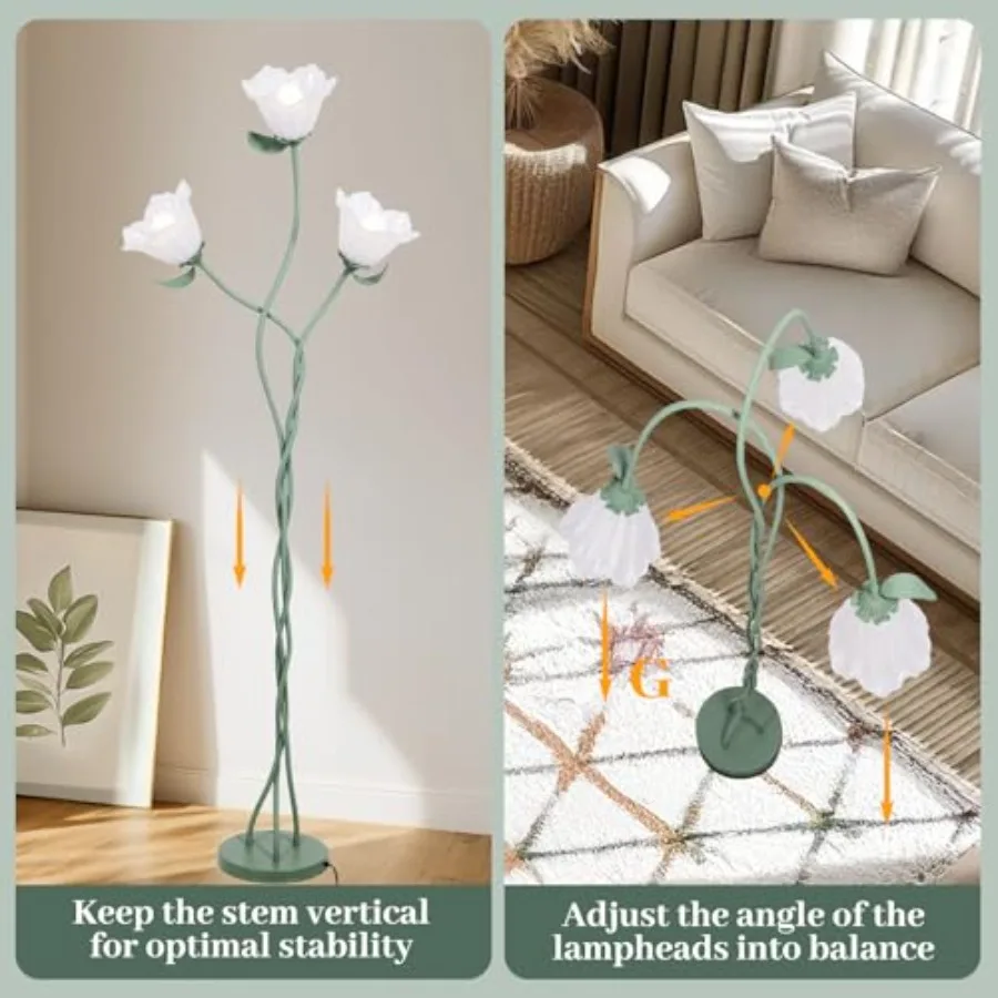 Vintage 3 Heads Flower Floor Lamp with Adjustable Gooseneck Corner Standing Tall Floor Lamp 3 Color Modes for Living Room Bedro
