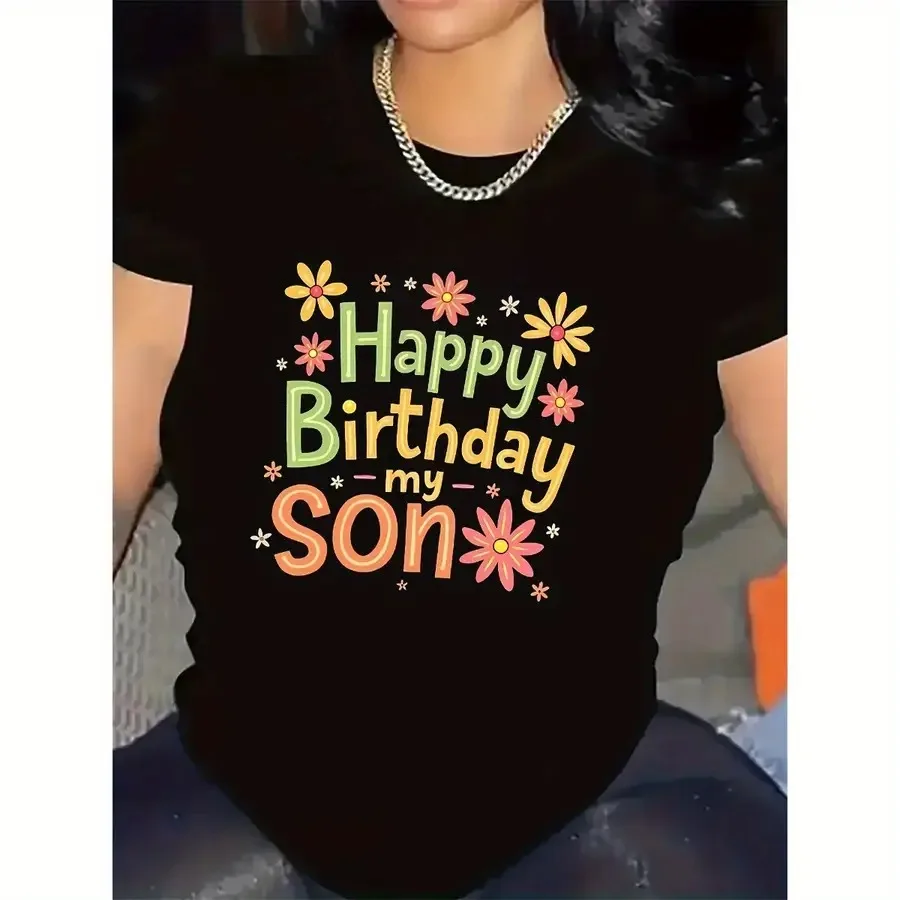 Polyester T-Shirt for Living Room Use Durable and Lightweight Featuring Festive Happy Birthday My Son Design with Colorful Flow