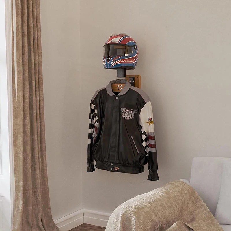 Держатель для шлема из черного ореха — вешалка для мотоциклетного шлема 2-в-1 и гоночного костюма, стойка из цельного дерева для жилета и снаряжения