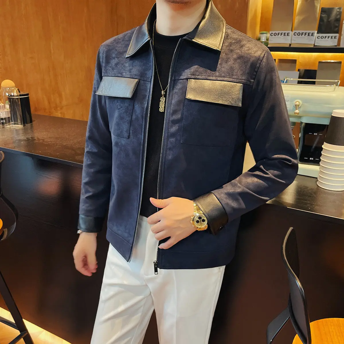 High-Quality Fashion Men's Short Leather Jacket Matte Finish Retro Lapel Zipper Multi-Pocket Stylish Durable Men's Coat