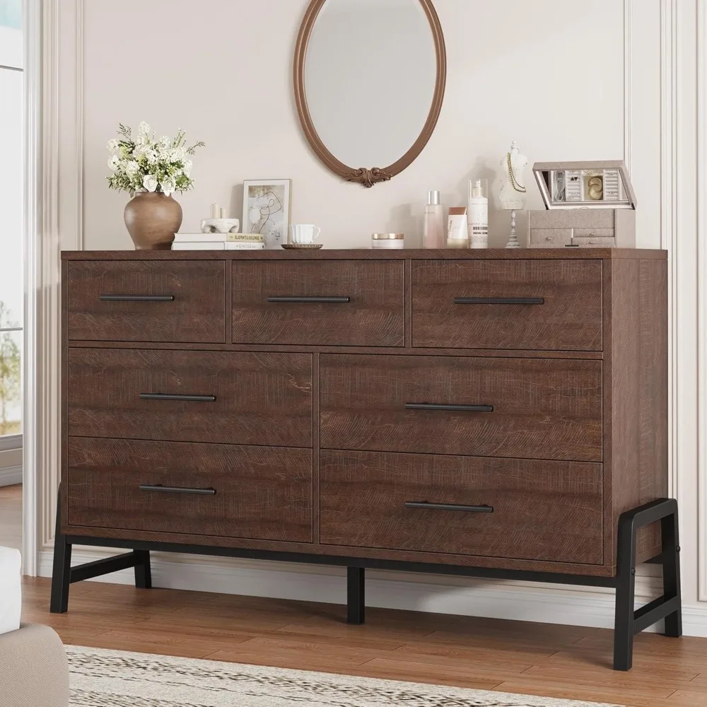 7 Drawer Dresser for Bedroom, Country Modern Chest, 52in Wide, 32in Tall