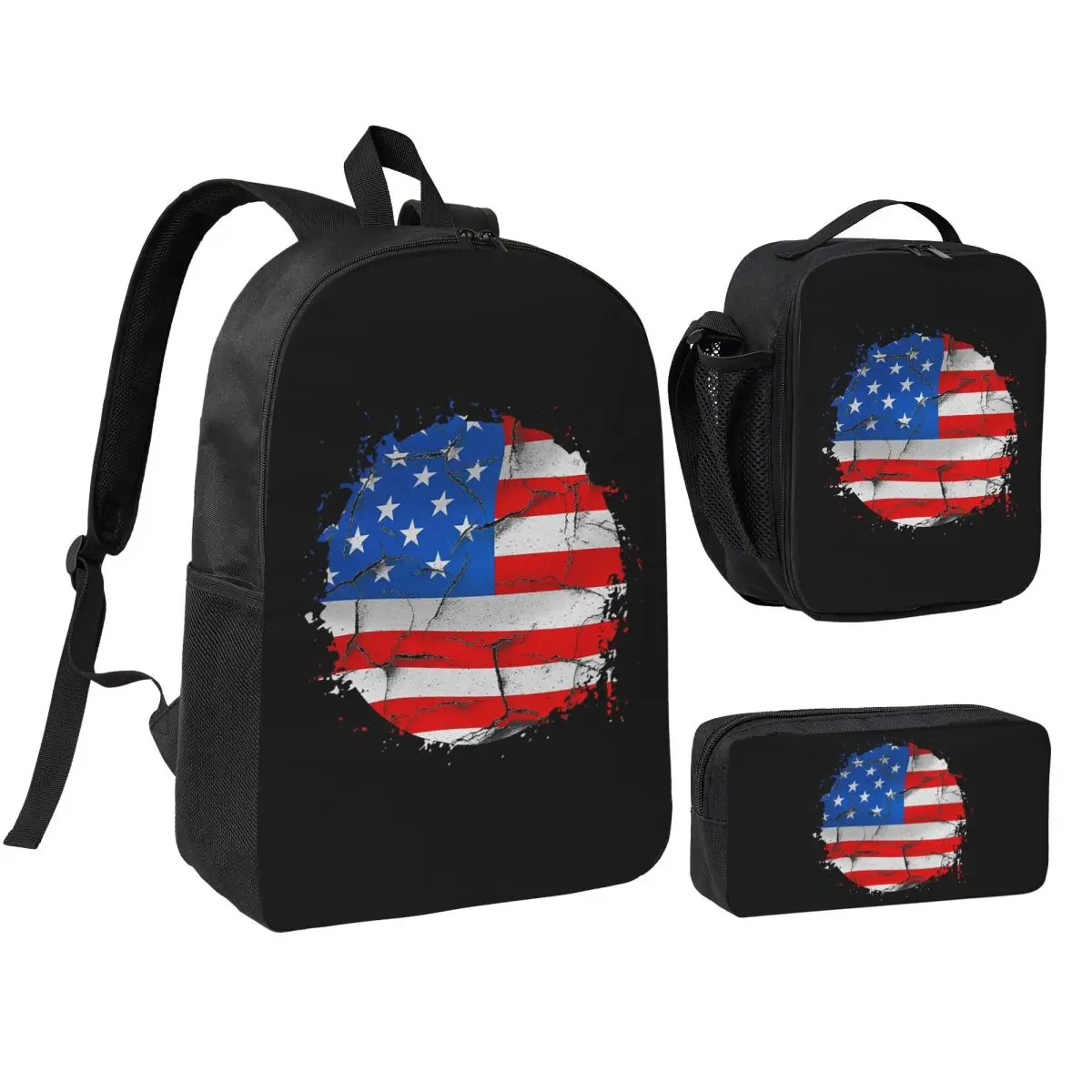 USA America American Flag Backpack Student BookBag School Bag Shoulder Bags 3ps Insulated Lunch Bag Pencil Case