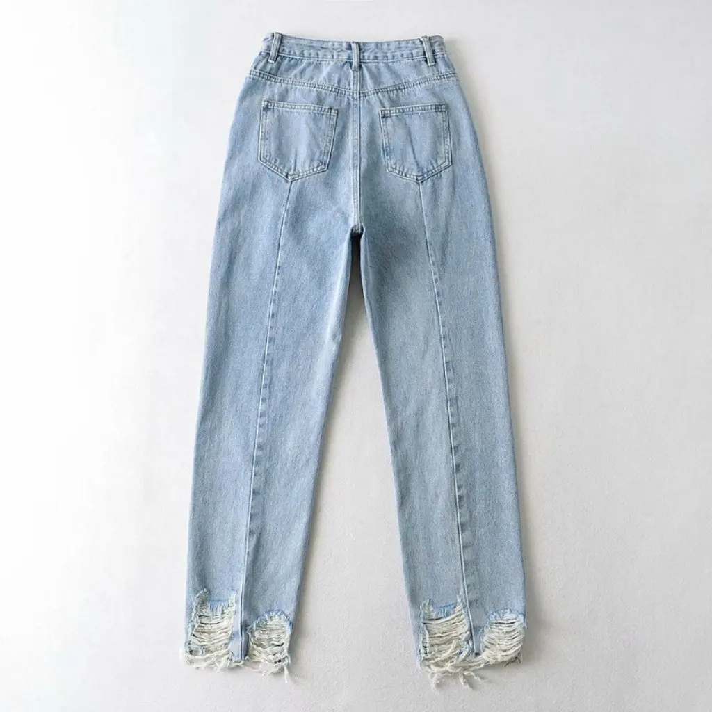YPFF Calça jeans feminina cintura alta emagrecedora reta moda europeia americana verão redução de idade com rebarbas e buracos