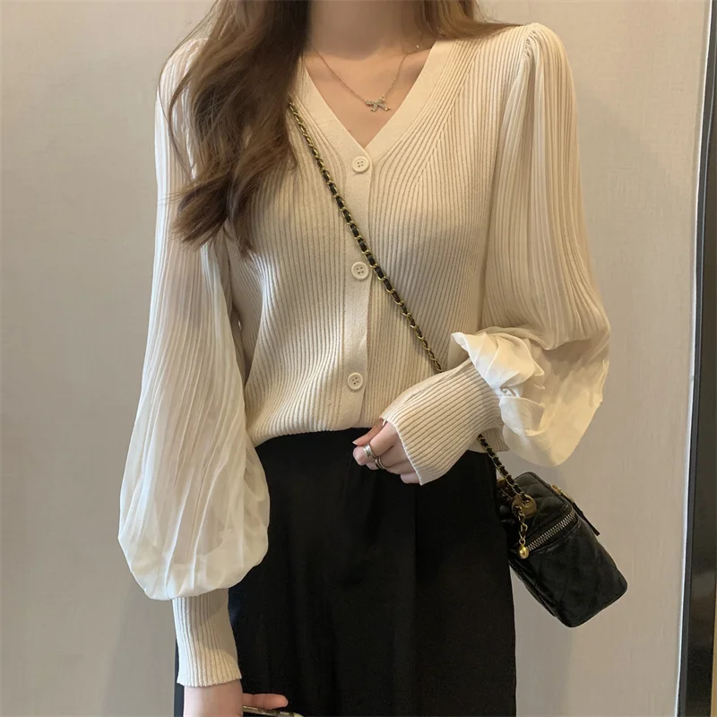 Women Fashion V-neck Slim Single-breasted Chic Pleated Lantern Sleeve Sweater Jacket Cropped Cardigan White Cardigan Tops