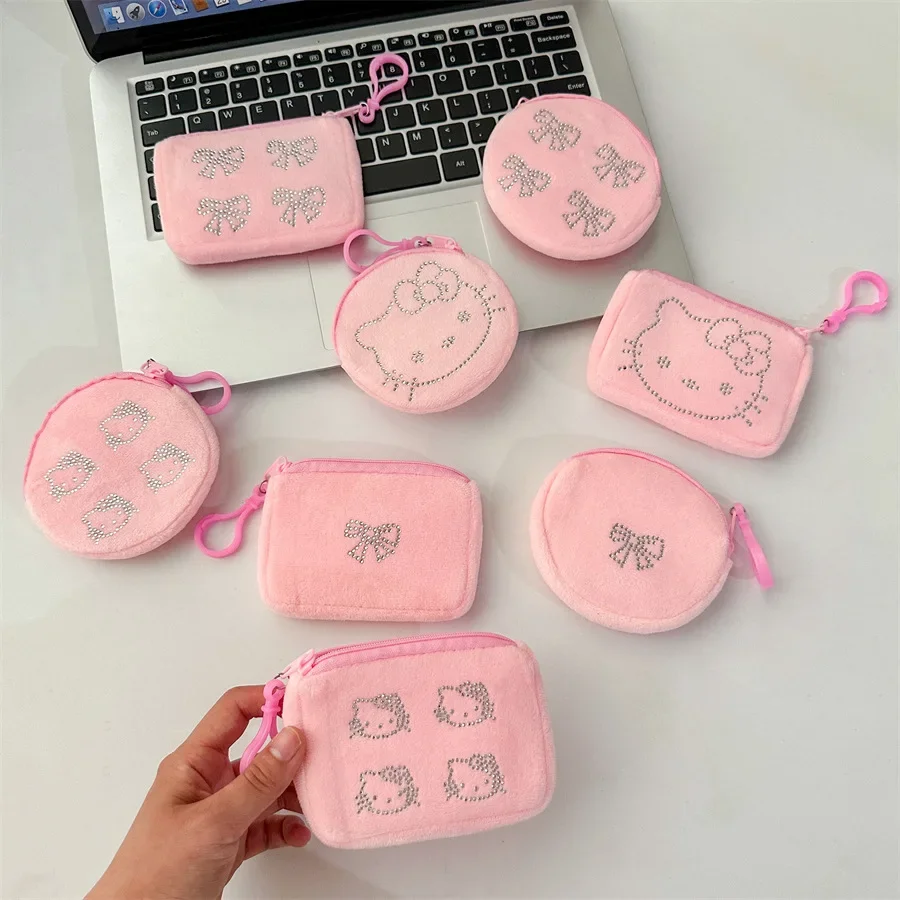 Cute Hello Kitty Girly Heart Rhinestone Printed Coin Purse Sanrios Children Kawaii Jewelry Earphone Key Storage Bag Wallet Gifts