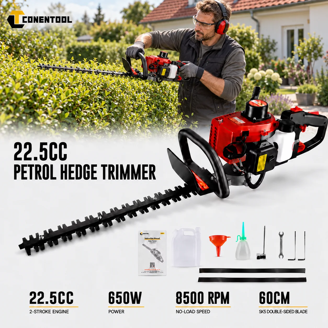 CONENTOOL 22.5CC 650W Tagliasiepi a Benzina con Lama SK5 a Doppia Faccia da 60cm 8500RPM Tagliasiepi a Gas Senza Fili con Lunga Autonomia Strumento per Potatura di Arbusti, Siepi, Frutteti e Giardini
