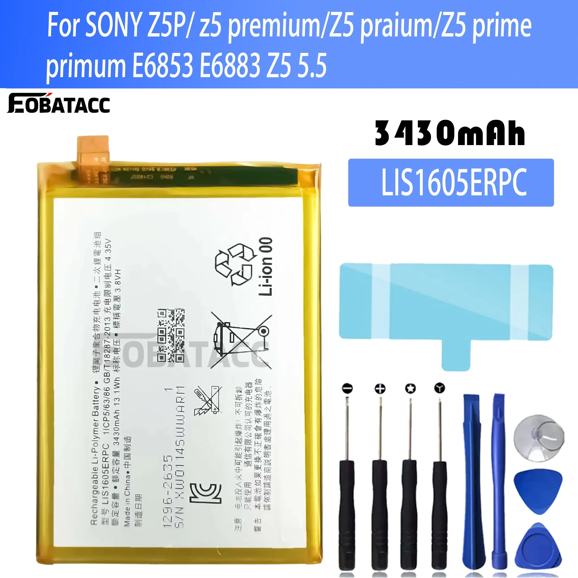 100% New Original Battery LIS1605ERPC For Sony Z5P/ z5 premium/Z5 praium/Z5 prime/primum E6853 E6883 Z5 5.5 Battery + Free Tools